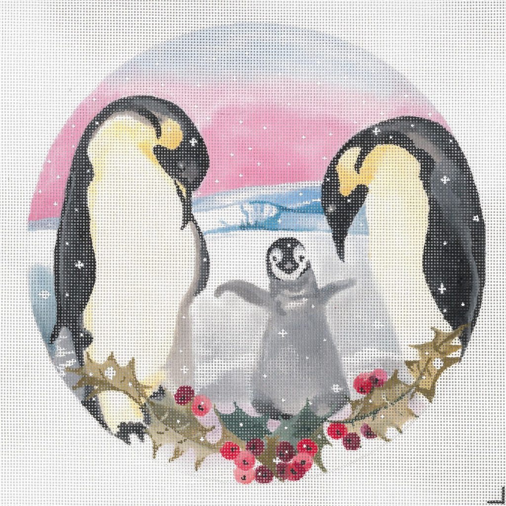Needlepoint Handpainted Christmas Joy Juarez Mom Pop Baby Penguins 9 -Free Us Shipping