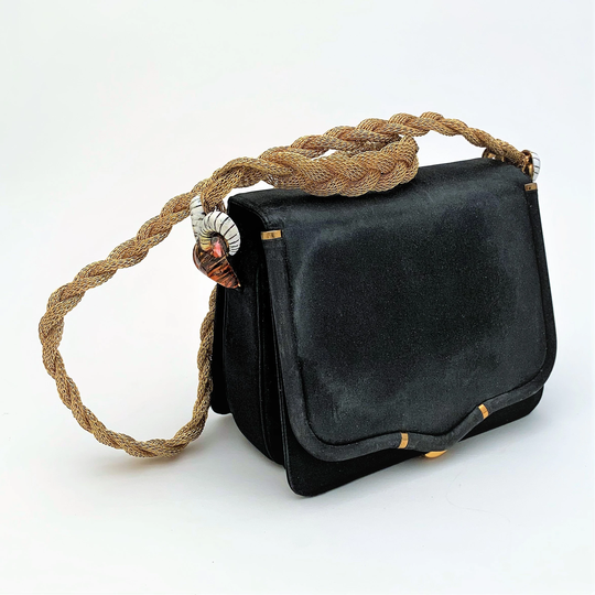 1990's Judith Leiber Black Silk Evening Bag With Gold Braided Strap & Ram's Heads On Side
