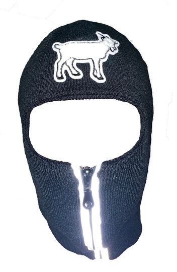 Black Reflective Zip Up Balaclava With White Goat Emblem, Ski Mask