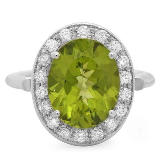 5.40 Carats Natural Peridot & Diamond 14K Solid White Gold Ring