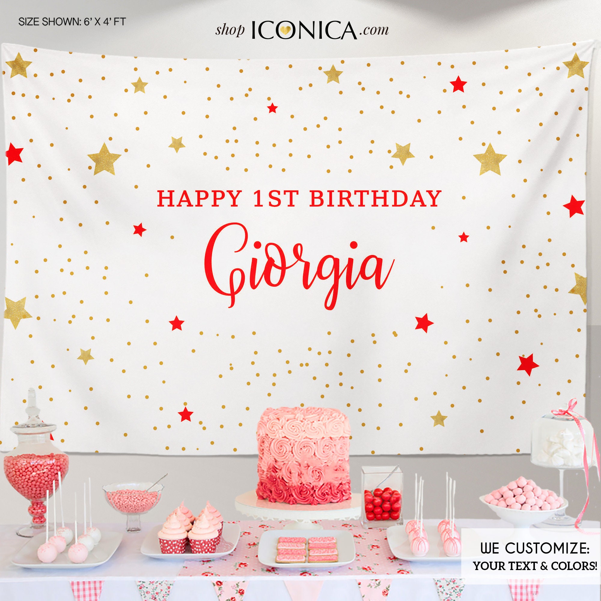 Girls First Birthday Backdrop, Little Star Twinkle Party Decor, Red & Gold Any Text Colors