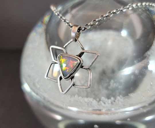 sterling Silver Geometric Opal Flower, Handmade Jewelry, Handcut Gem, One Of A Kind, Unusual Pendant, Rainbow Opal