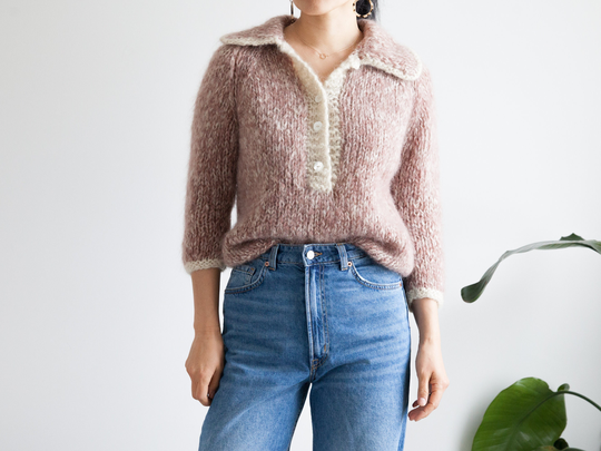 Rare 50S Hand Knit Brown Mohair Blend Cardigan/Large Wide Collar Cropped Wool Henley Made in Italy Fits Like S