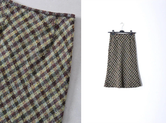 Y2K Bitte Kai Rand Green Khaki Check Wool Blend Womens Midi Skirt Waist Size 24 in 62 cm Xs
