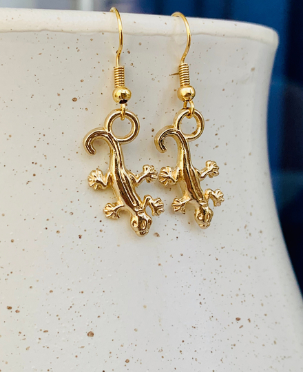 Gecko Lizard Earrings, Gold Dangle Cute Reptile Plated Jewelry, Unique Gift, Jewelry