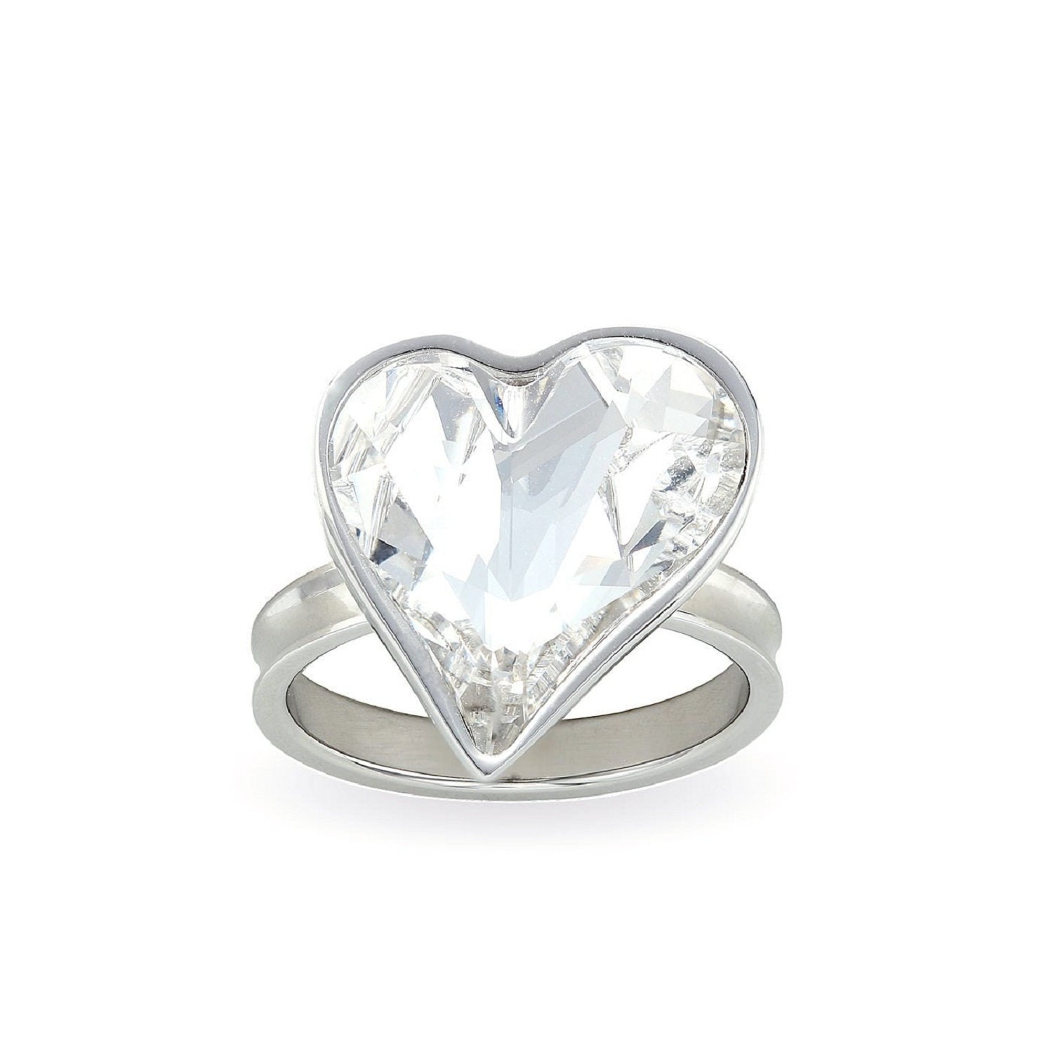 Swarovski Clear Crystal Heart Ring Sparkly Big Shaped Statement Cocktail Handmade Valentines Day Gift For Women