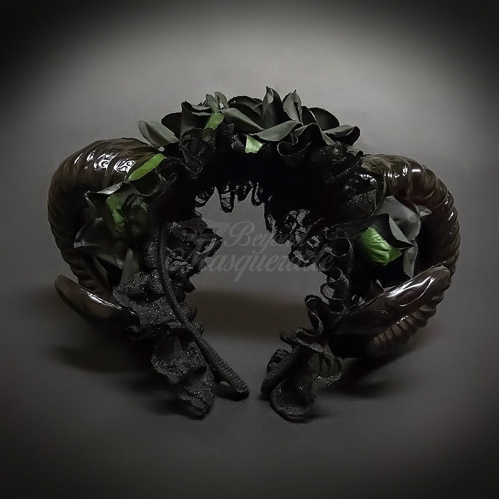 Black Ram Horns Headband Masquerade Mask, Hair Decor Costume Handband, Black/Floral
