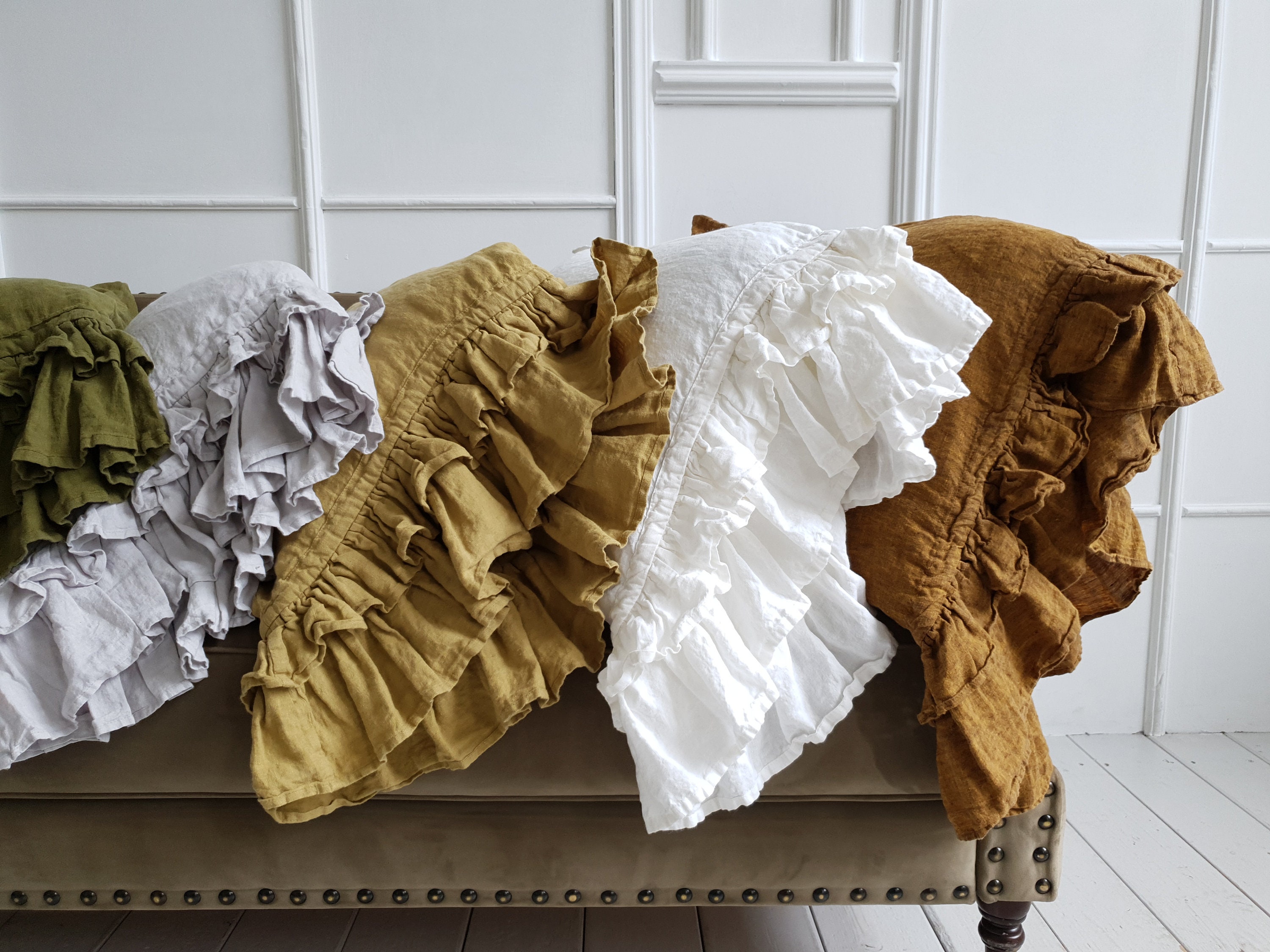 Linen Pillow Sham With Double Ruffle One Side. Organic Pillowcase Ruffle. Stonewashed Linen Cover. Ruffled Sham