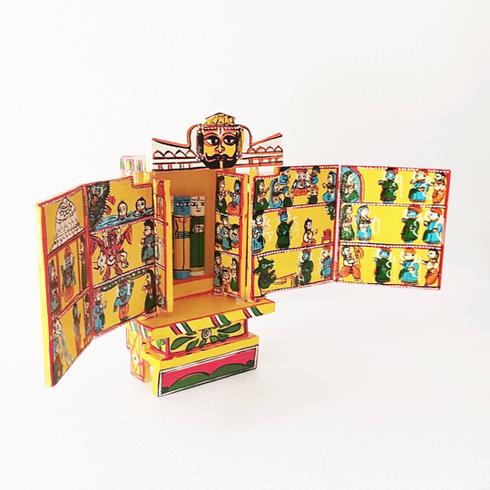 The Yellow Kavaad, Wooden Hindu Temple, Handmade Shrine, Ram Sita Travelling Storybook, 12 Inches Tall, Ramayan, Mythology