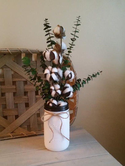 Mason Jar Centerpiece /Painted Jar/Cotton/ Cotton Stems/Eucalyptus/Floral Arrangement/Rustic/Rustic