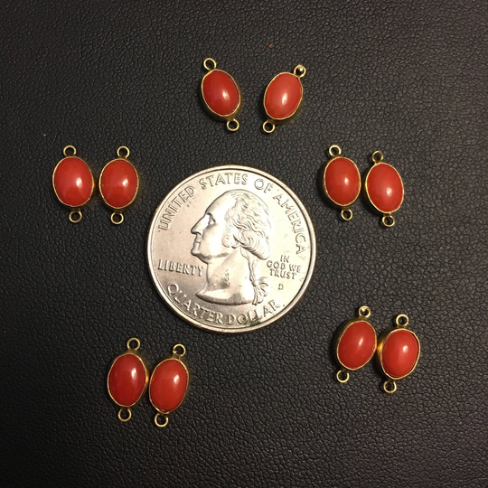 18K Solid Yellow Gold Sardinia Salmon Coral Bezel Gemstone Connectors Pair
