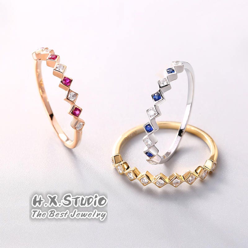 Hx Jewelry | Sapphire Ruby Diamond Ring in 18K Solid Gold/Minimalist Stacking Ring/Custom Fine Jewelry/Personalization Design/Gift For Her