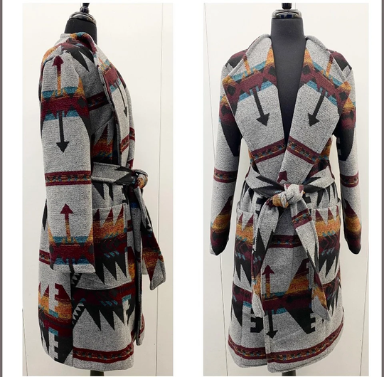 Wool Blend Trench Coat in Southwest Print Yellow Orange Merlot Blue