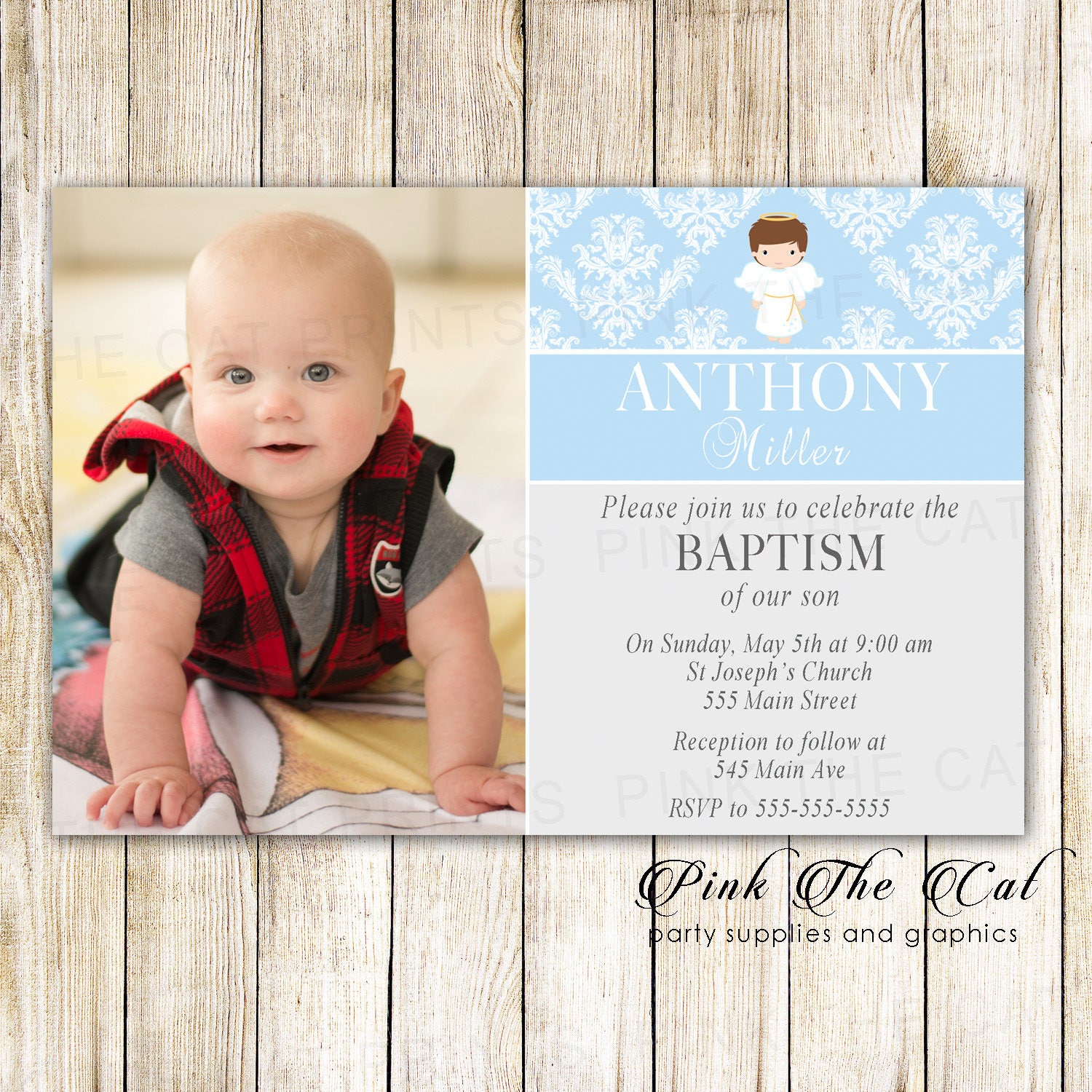 Boy Baptism Invitation With Angel, Printable Christening Baby Boy Invites, Baptismal Invitation, Angel Photo 2