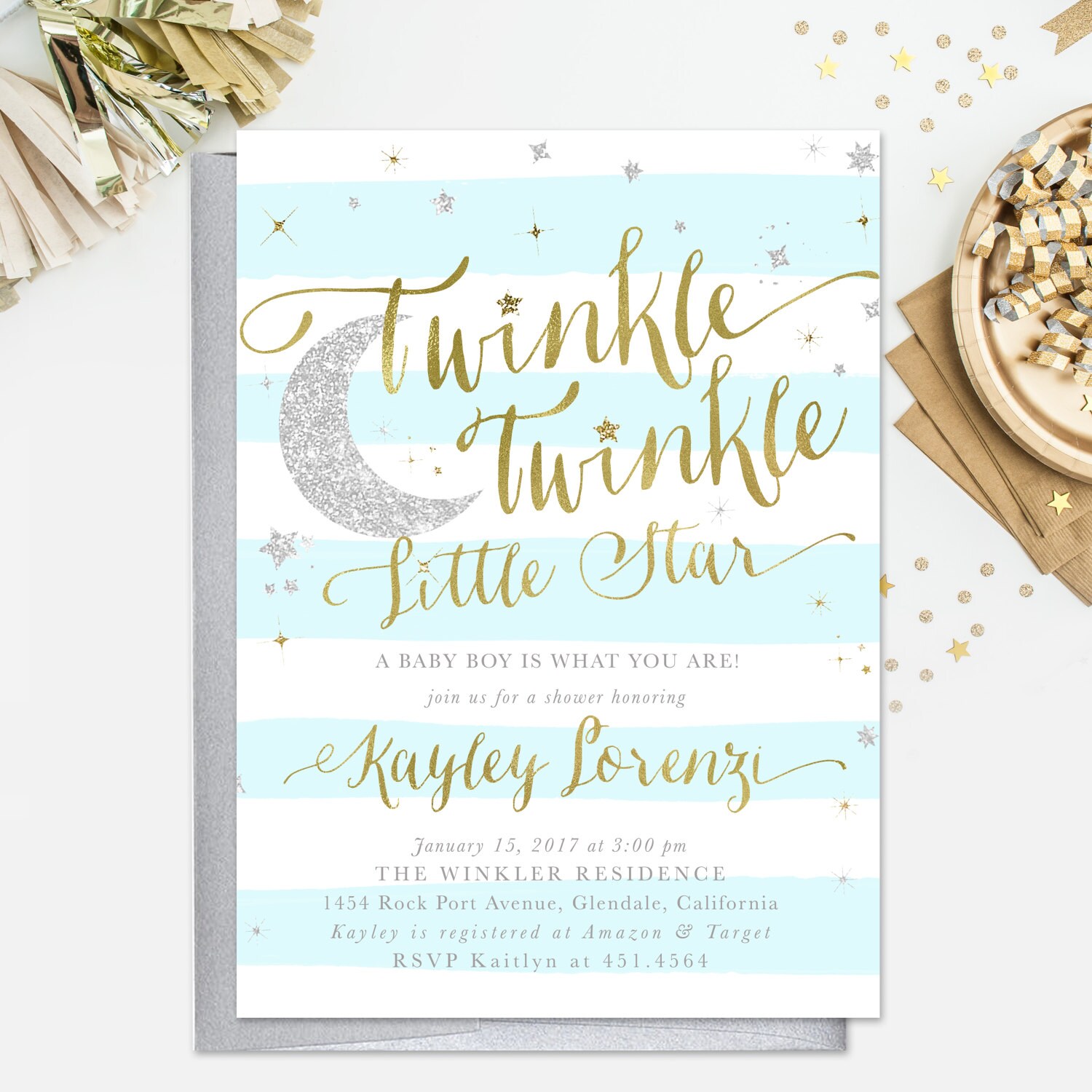 Twinkle Little Star Baby Shower, Sprinkle Invitation Boy Blue Stripe Gold & Silver Glitter, Printed Or Printable