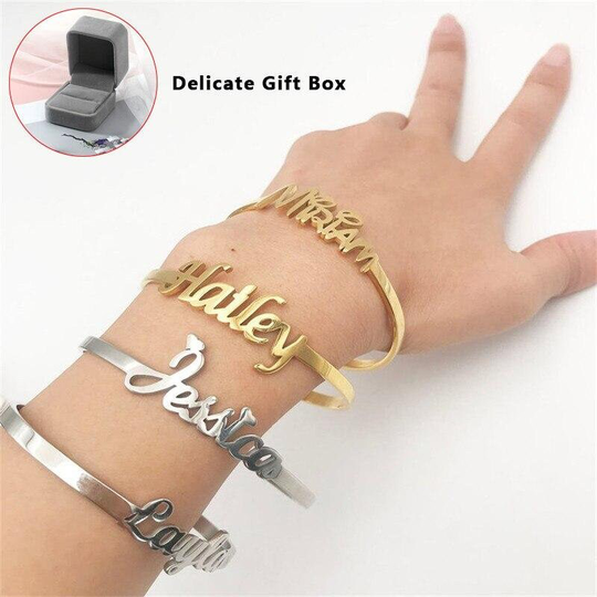 Women's Personalized Name Bangle, Initial Bracelet, Dainty Custom Gold Minimalist Jewelry, Engraved Bangle