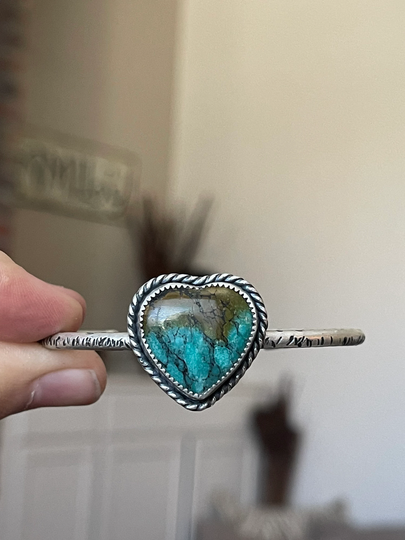 Hubei Turquoise Heart Cuff Bracelet/Handmade Sterling Silver Jewelry Gifts For Her Bohemian Artisan Rustic