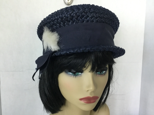 1960's Navy Blue Summer Hat, Midcentury Straw Blue Gift For Her, Garden Party Tea Derby