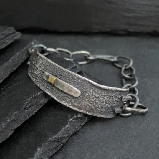 Silver & Gold Bracelet, Stetement Hammered Silver Modern Jewelry