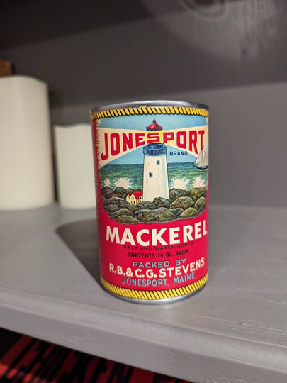 1930's/40's Jonesport Fish Mackerel Old Can Label On - Rb & Cg Stevens, Jonesport, Maine Lighthouse Pollock