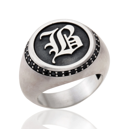 Men's Statement Silver Rings, Black Diamond Wedding Engagement Man Ring, Personalized Letter Initial Men Valentine's Day Gifts For