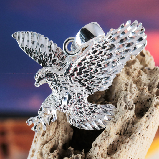 sterling Silver Eagle Pendant Swooping Bald Eagle Necklace Shiny Diamond Cut, Free Fast Shipping Bald Charm
