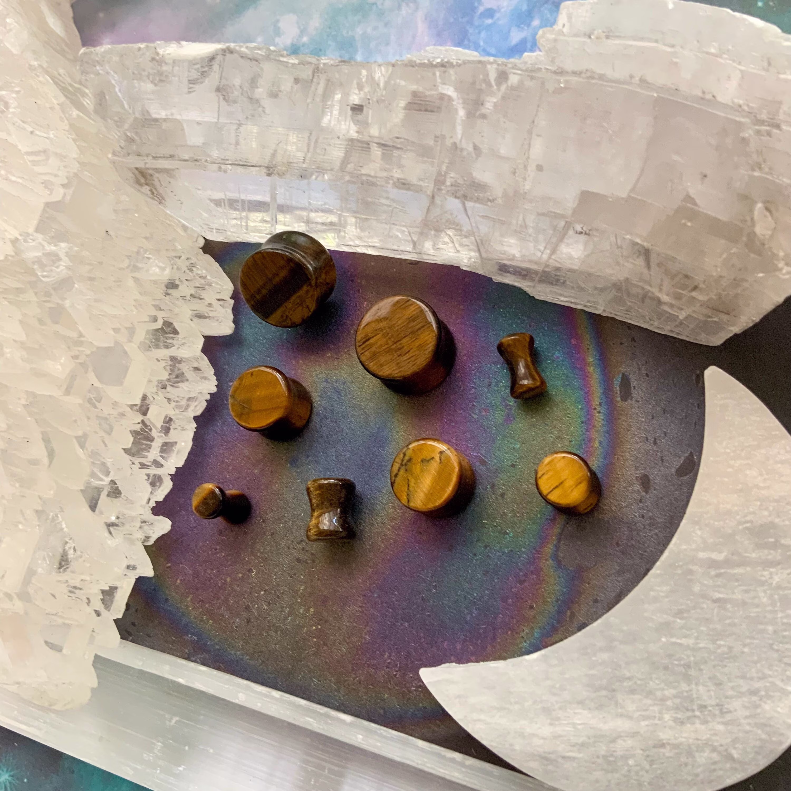 Tiger's Eye Ear Plugs Gauges Tunnels Earrings Pair Real Stone Gold Quartz Witch Vibration Size 4G 2G 0G 00G 1/2" 9/16" 5/8" Pink Alien Babe