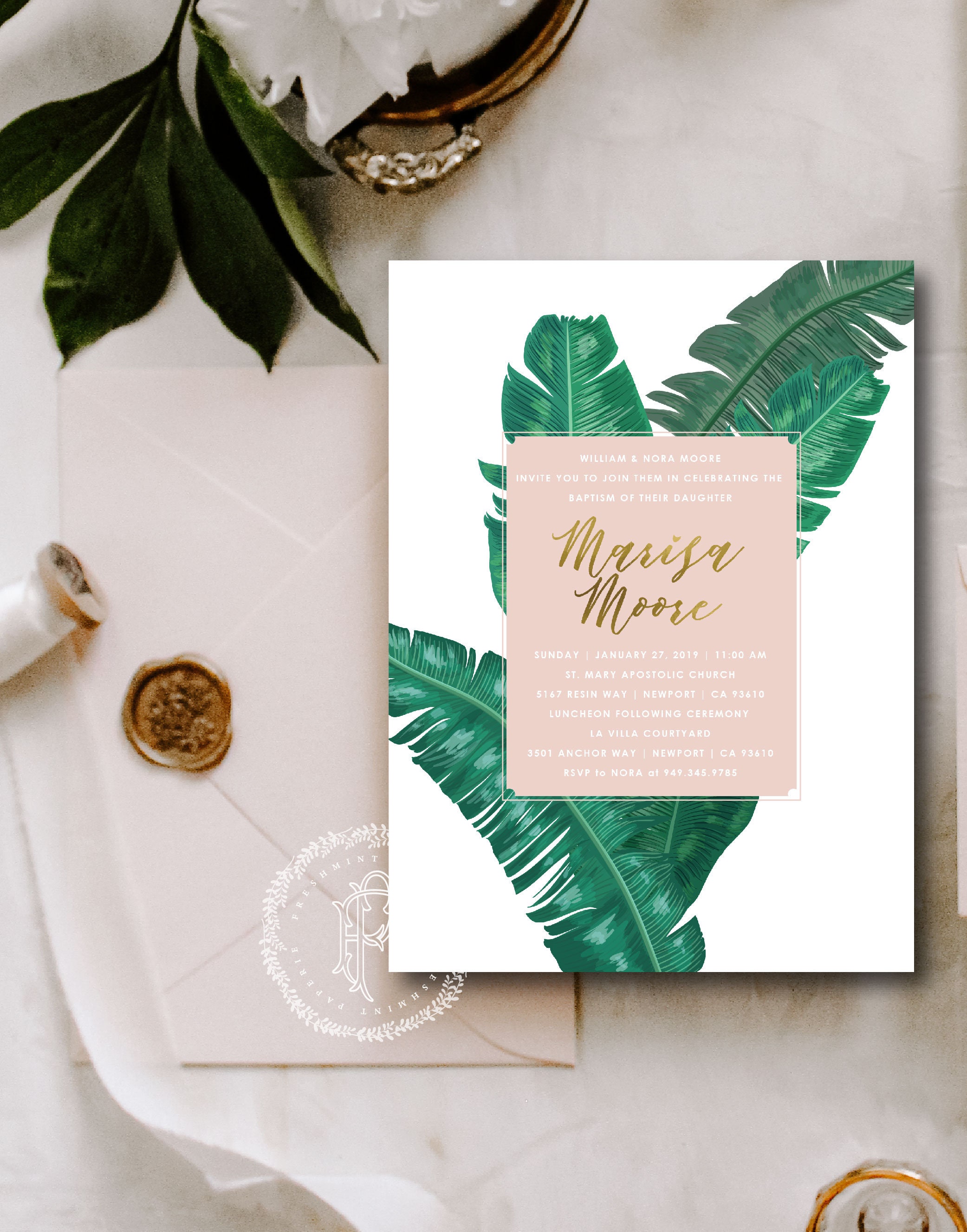 Baptism Invitation - Christening Dedication Banana Leaf Invite 144