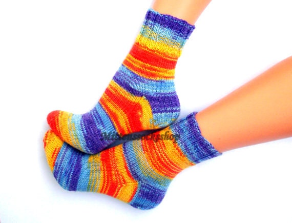 Orange Blue Yellow Purple Hand Knit Socks Warm Bright Women's Colorful Girl's Winter Gift