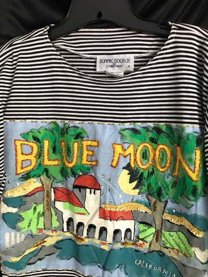 Vtg 90S Bonnie Boerer - Cotton . Denim Blend Painted & Sequenced Stripped Shirt With Bugle Beading, Blue Moon/California, Sz Small
