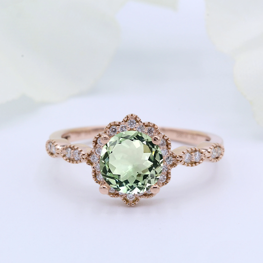 All Natural Genuine Round 1.30 Carat Green Amethyst 14K Gold 0.16Ct Natural Diamond Vintage Art Deco Wedding Engagement Bridal Ring