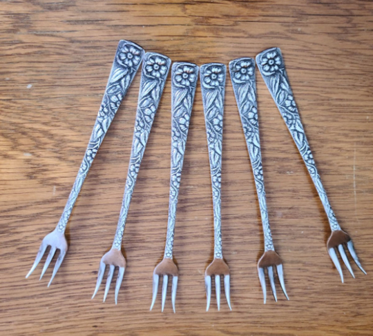 Antique Embossed Wm. Rogers | International Silver Silver Plate Floral/Bird Pattern Cocktail Seafood Forks Set Of Six No Mono., C. 1891