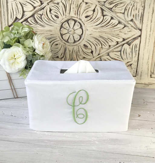 Monogram White Linen/Cotton Blend Reversible Tissue Box Cover