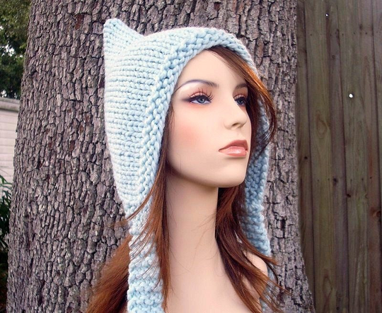 Knit Pixie Hood, Hat, Chunky Womens Mens Winter Ear Flap Glacier Blue