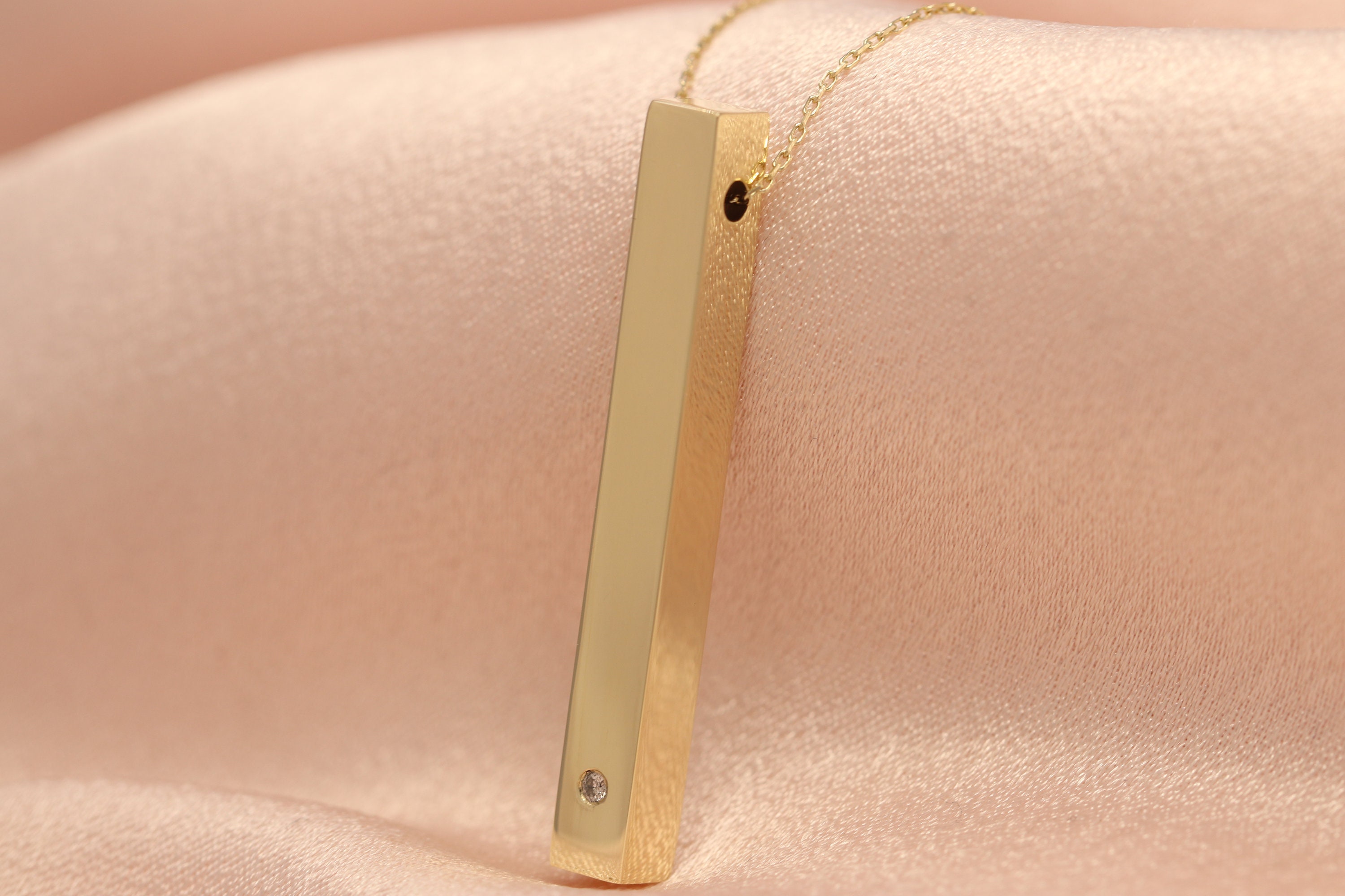 14K Gold Bar With Diamond Necklace/Handmade Four Sided Engraved 3D Available in Gold, Rose White