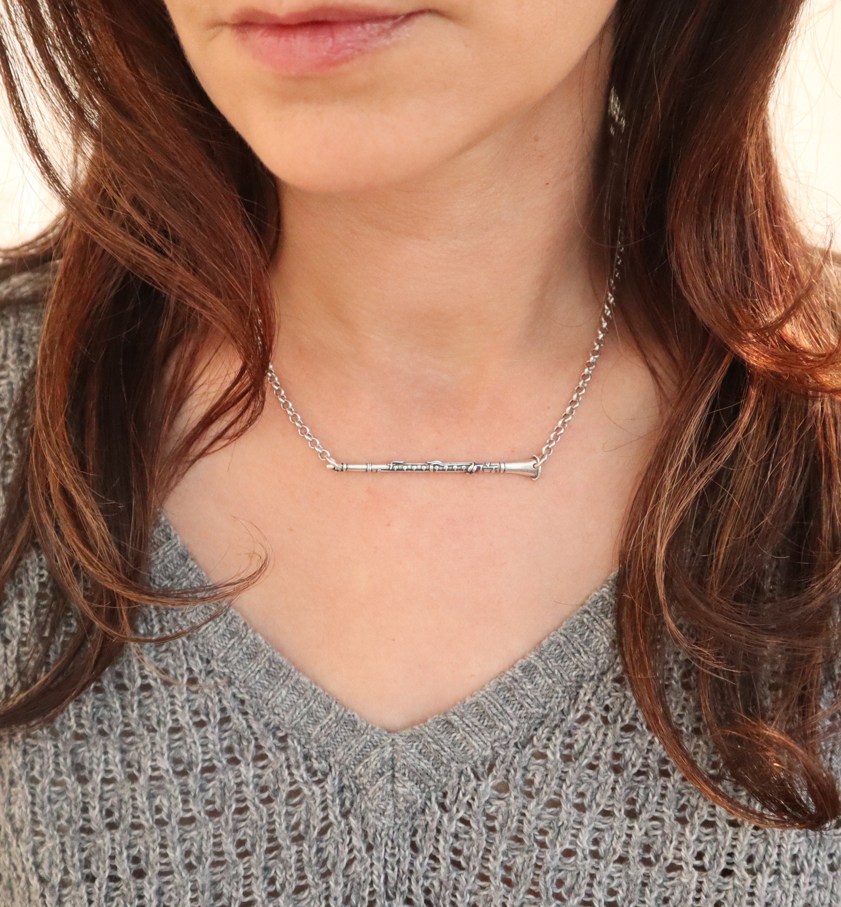 Clarinet Necklace, Sterling Silver Finish, Jewelry, Sideways Necklace
