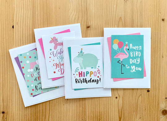 Animal Pun Birthday Cards. Set Of 4, Happy Hippo, Unicorn, Pink Flamingo, Poodle