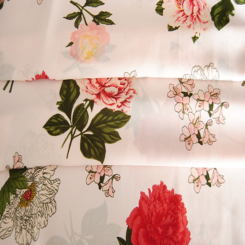 Red Yellow Big Peony Green Leaf Light Pink Chiffon Fabric By Yard Dress