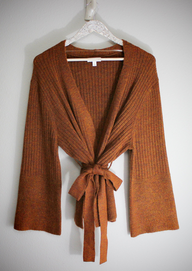 Long Bronze Wool Blend Wrap Sweater with Kimono Sleeves Signed Prologue, Size Large Vintage New