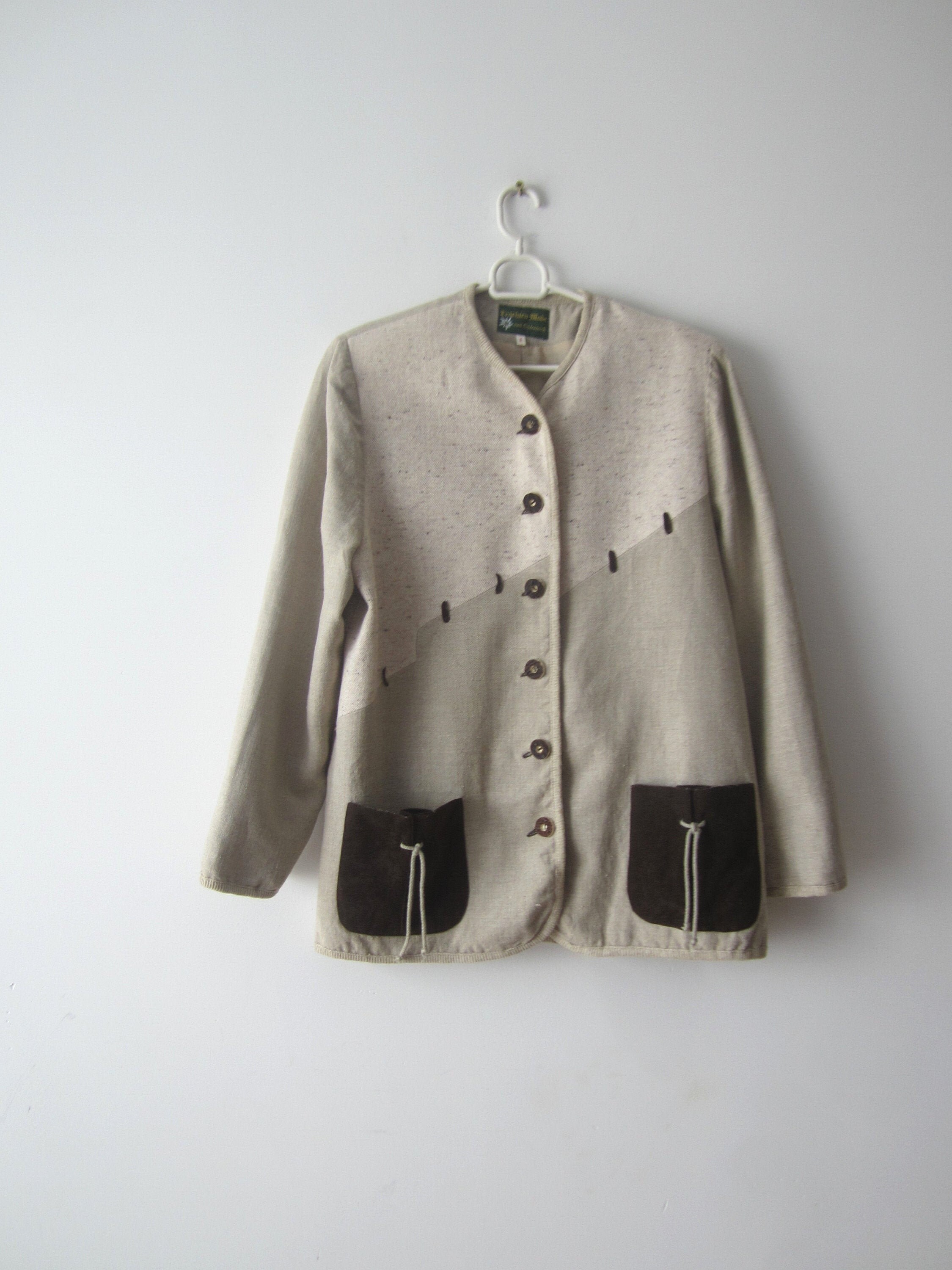 Vintage Linen Blend Dirndl Jacket Women German Loden Trachten Cardigan Bavarian Blazer Festival Austrian Tyrolean Size Small Folk