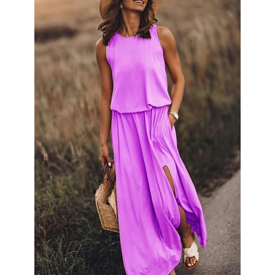Women's Round Neck Solid Cotton-Blend Boho Pink Maxi Dresses - Purple, L