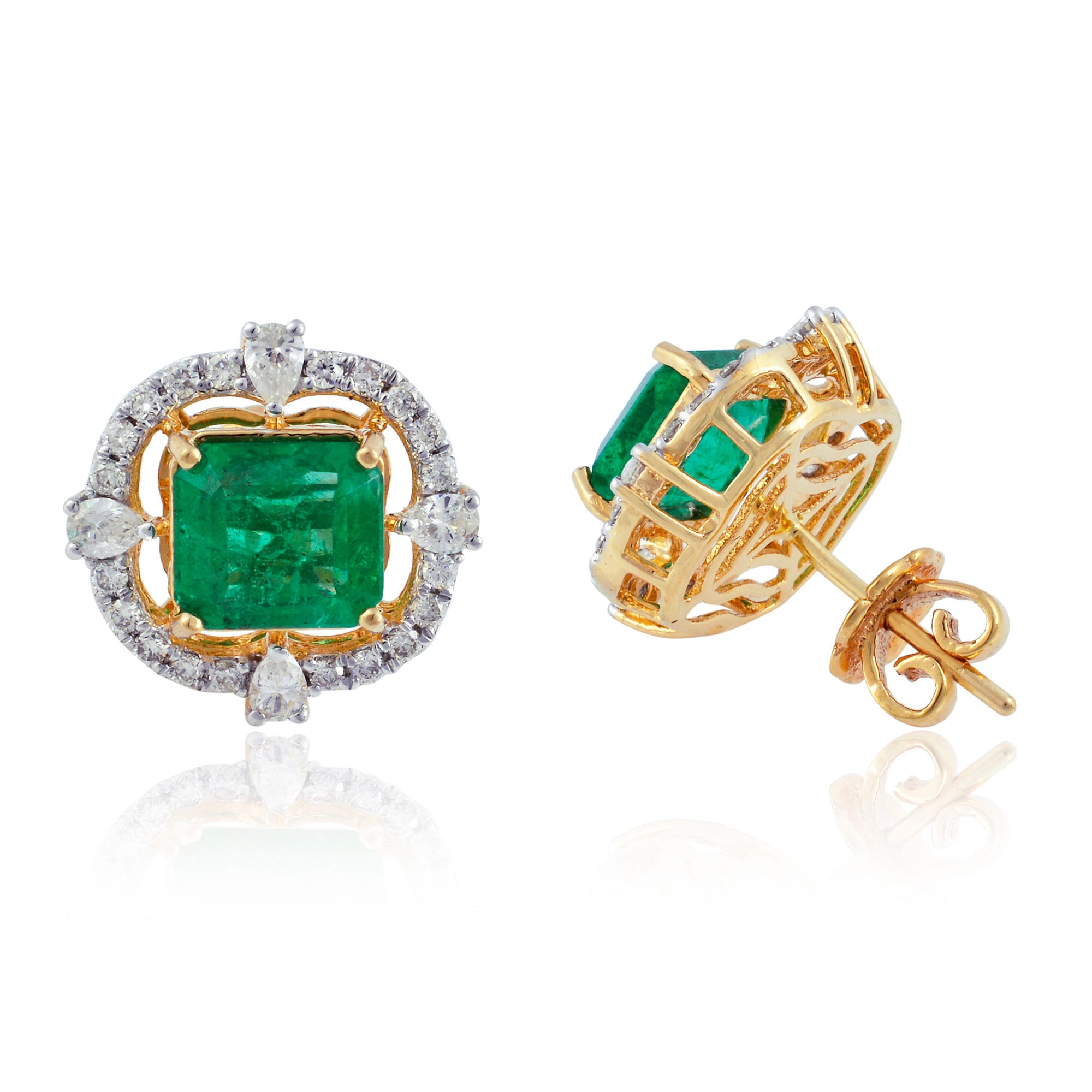 Natural Emerald Diamond Earring Studs in 14K Yellow Gold, Stud Earrings, Si Clarity Hi Color Diamonds Certified Jewelry Gift