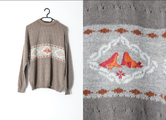 Vintage 80S Brown Wool Blend Embroidered Seal Jumper Womens Sweater Size M