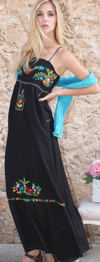 Black Colourful Embordery Long Dress, Maxi Dress, Cotton Summer Boho Hippie Holiday Wear, Resort Wear Cancun Dress