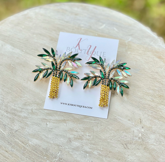 Palm Tree Rhinestone Earrings, Sequin Palm Lux Tropical Leaf Green Earrings