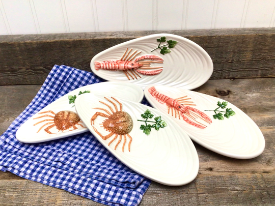 Italian Vintage Mussel Shells With Majolica Spider Crabs & Shrimp Plate For Antipasto