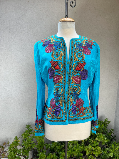 Vintage Preppy Silk Jacket Top Blue Shells Design Size 12 By Adrianna Papell