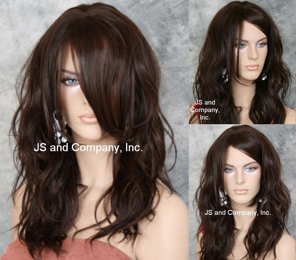 Natural Human Hair Blend Wig Medium Brown Mix Loose Relaxed Waves Full Long Bangs Off Center Parting Cancer Alopecia Theater Cosplay Drag
