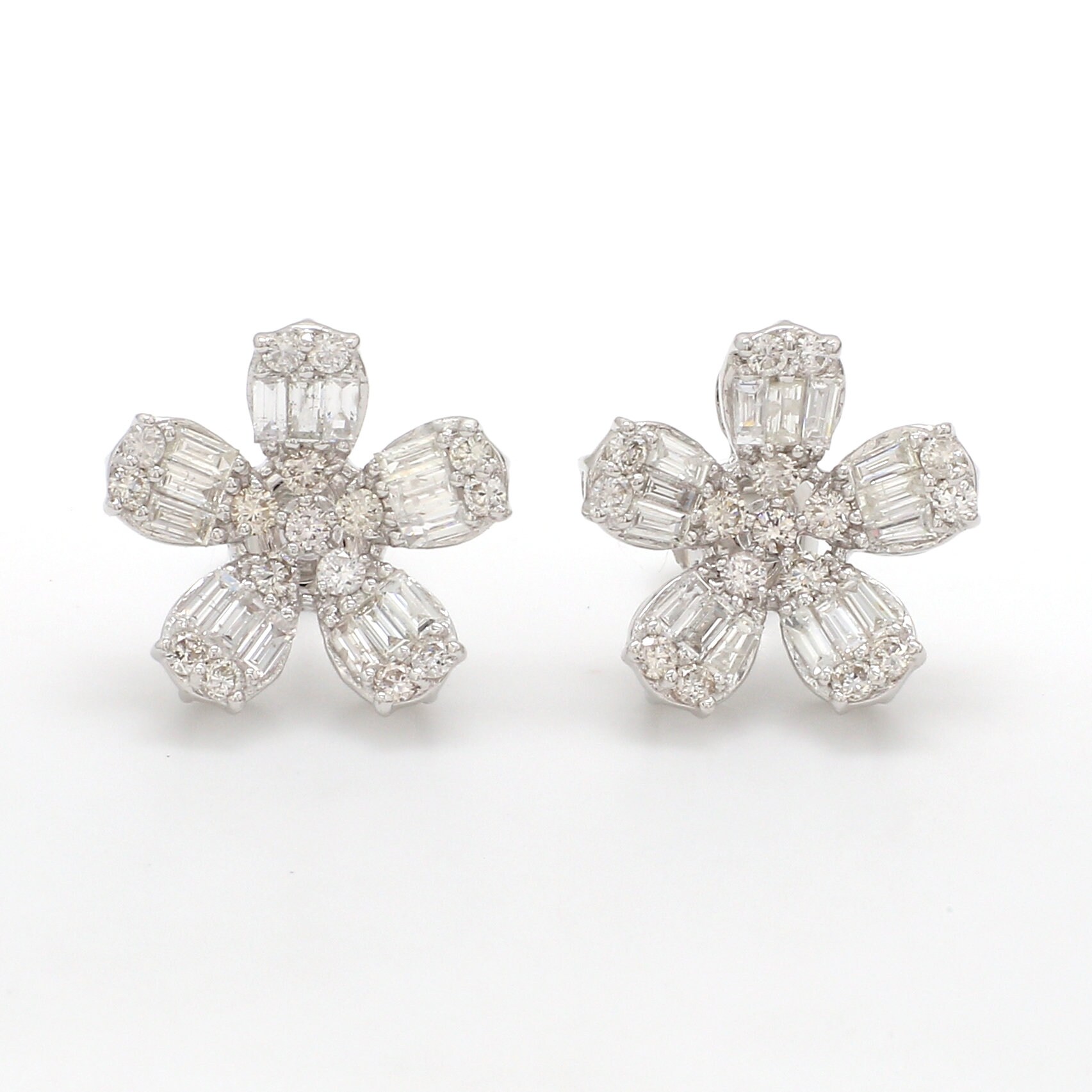 14K White Gold Floral Stud Earrings 1.80 Carat Natural Baguette Diamond | Si Clarity Hi Color Fine Jewelry For Women