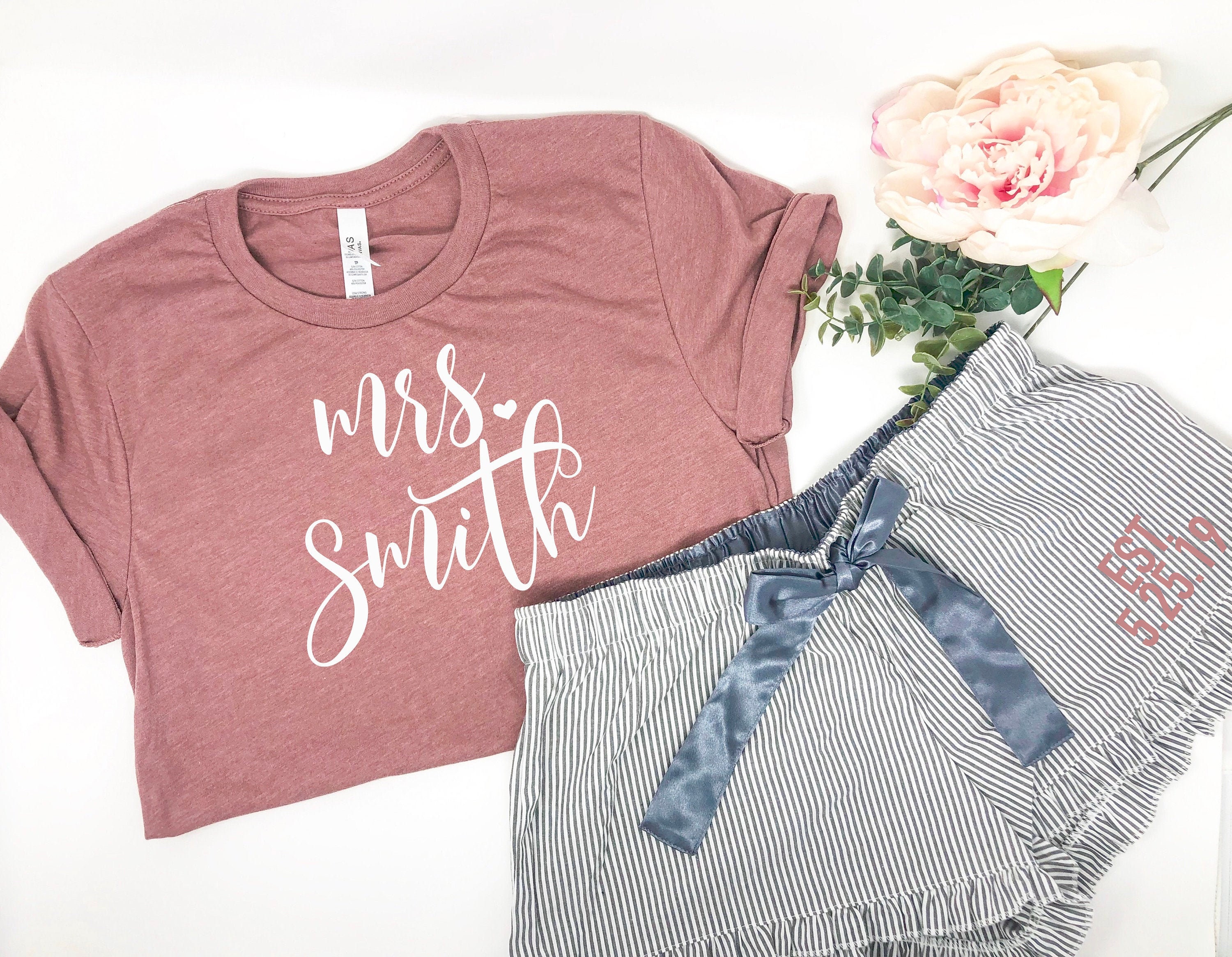 Custom Bride Gift, Sleepwear, Mrs Shirt, Wedding Bridal Party Honeymoon Newlywed Rose Gold